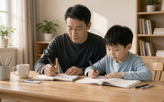 父亲在桌边陪儿子看书