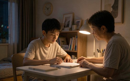 高三学生夜晚在家复习