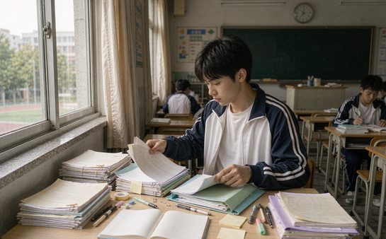 学生在教室桌前整理一叠试卷
