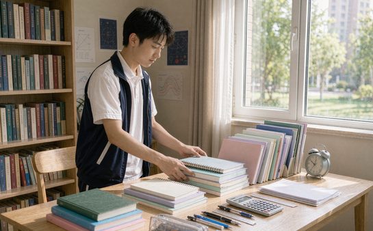 学生在书架前整理一摞教材