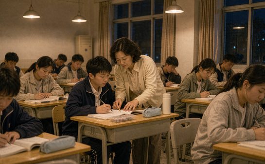 家长在书桌前陪孩子看试卷