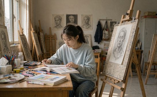 女生在画室画架前画画