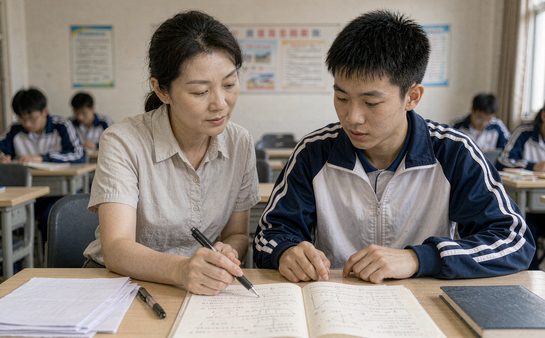 老师在教室里辅导男生做题
