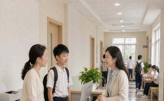 家长带孩子在校区接待区与老师交流