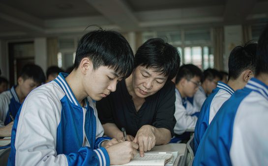 老师在教室里俯身指导学生改题